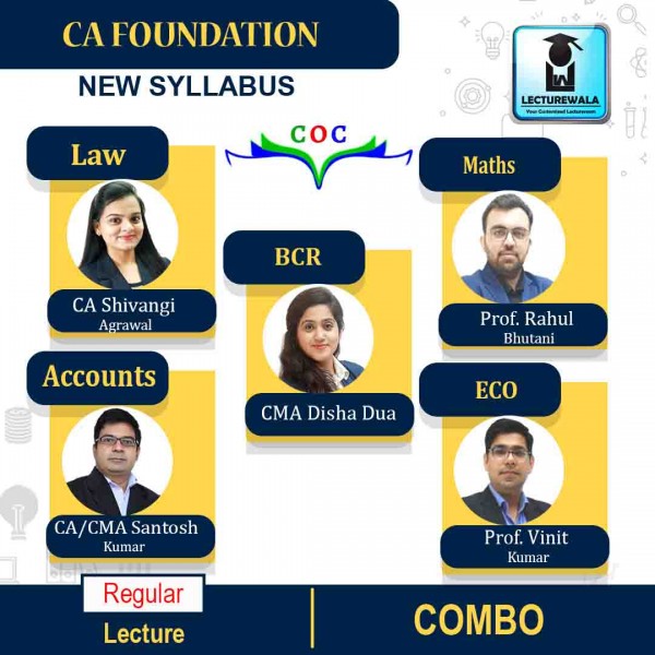 CA Foundation Combo (Account + Eco + Maths + Law + BCR)  Regular Course : Video Lecture + Study Material By CA / CMA Santosh Kumar, Prof Vinit Kumar, Prof Rahul Bhutani, CA Shivangi Agarwal  & CMA Disha Dua (For NOV  2022 & May 2023) 